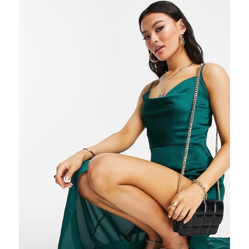 ASOS DESIGN Emerald Green Satin Cowl Neck Maxi‎ Slip Dress Spaghetti Straps